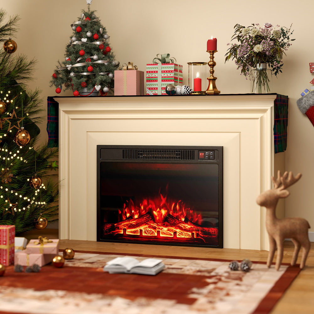 23-inch electric fireplace insert with adjustable flame colors, providing cozy warmth for holiday gatherings.