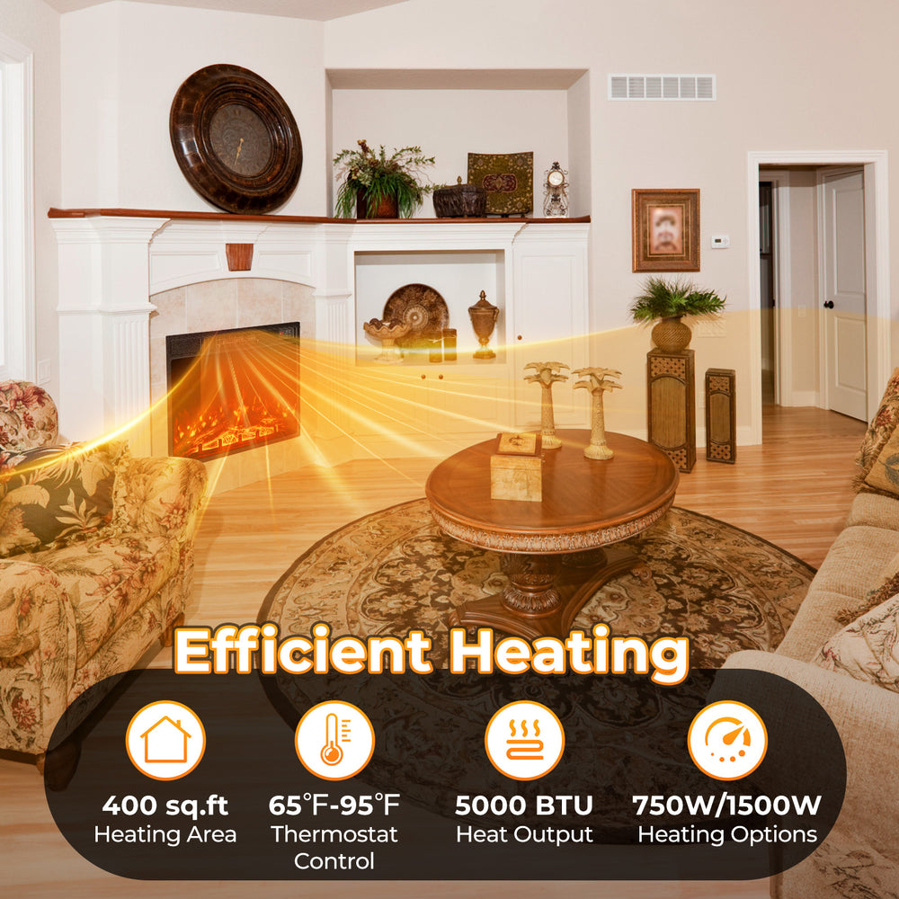 23-inch electric fireplace insert with adjustable flame color, 5000 BTU output, and thermostat control for cozy heating.