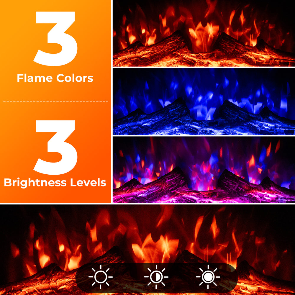 Electric fireplace insert showcasing 3 flame colors and 3 brightness levels for customizable ambiance and heating.
