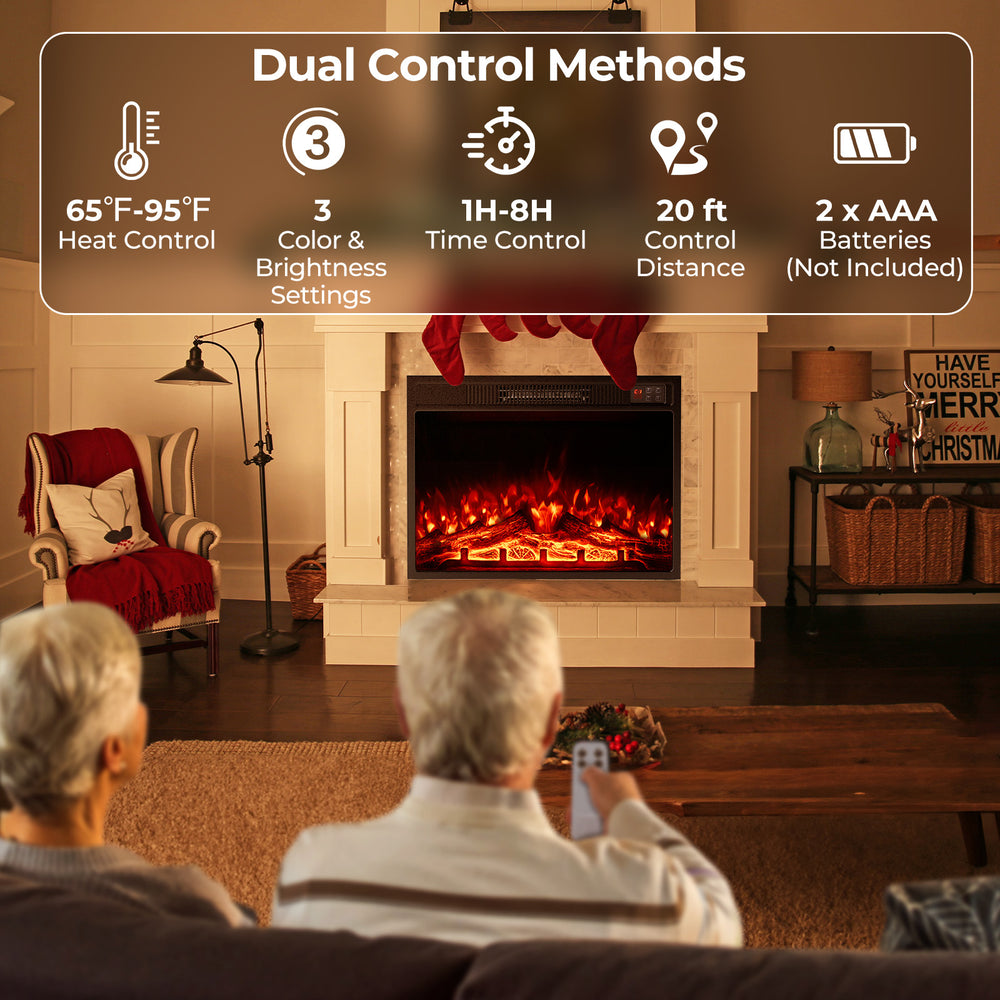 23-inch electric fireplace insert with adjustable flame color, remote control, and 5000 BTU heating for cozy living.