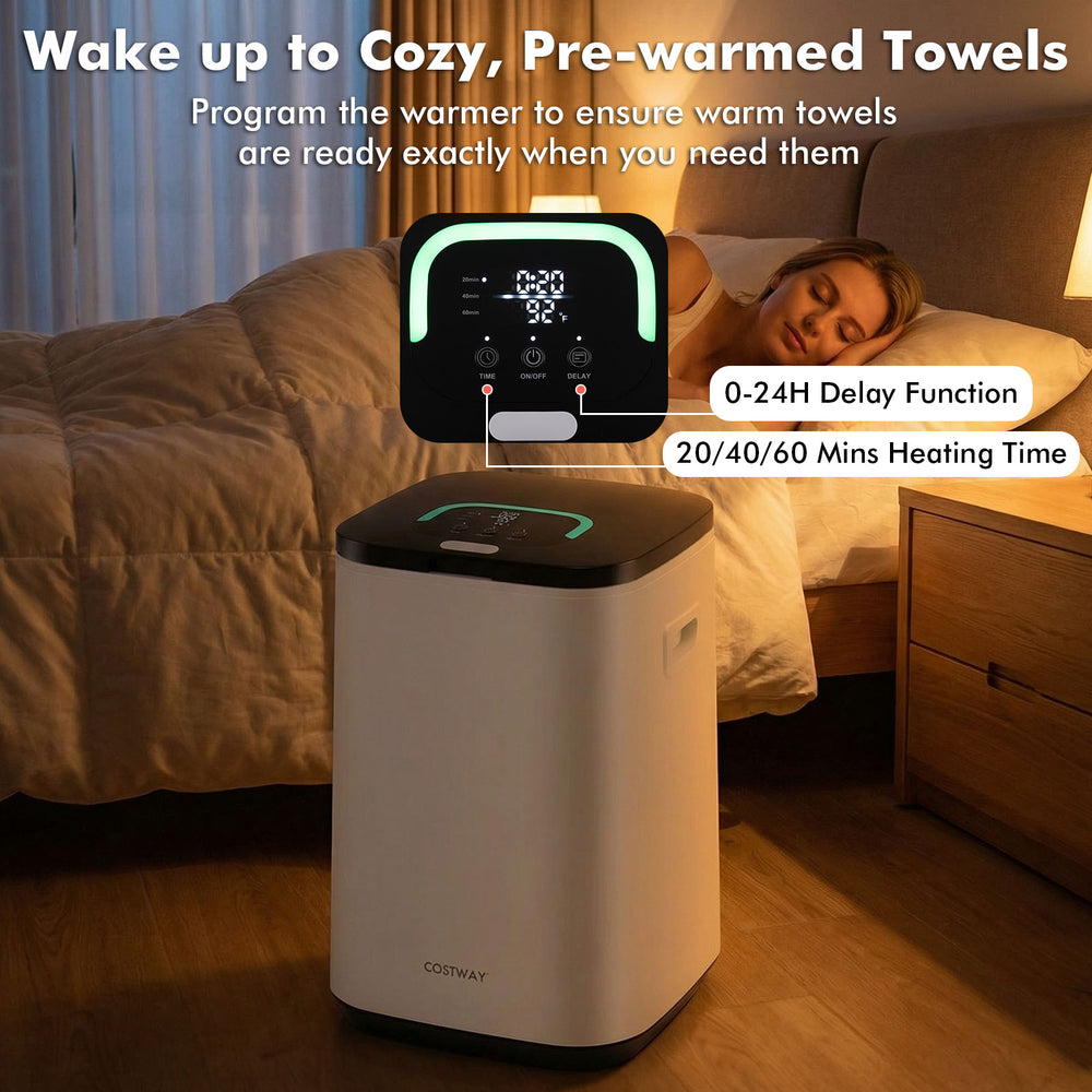 Large 23L hot towel heater in white with adjustable timer and rapid heating for cozy, pre-warmed towels at home.