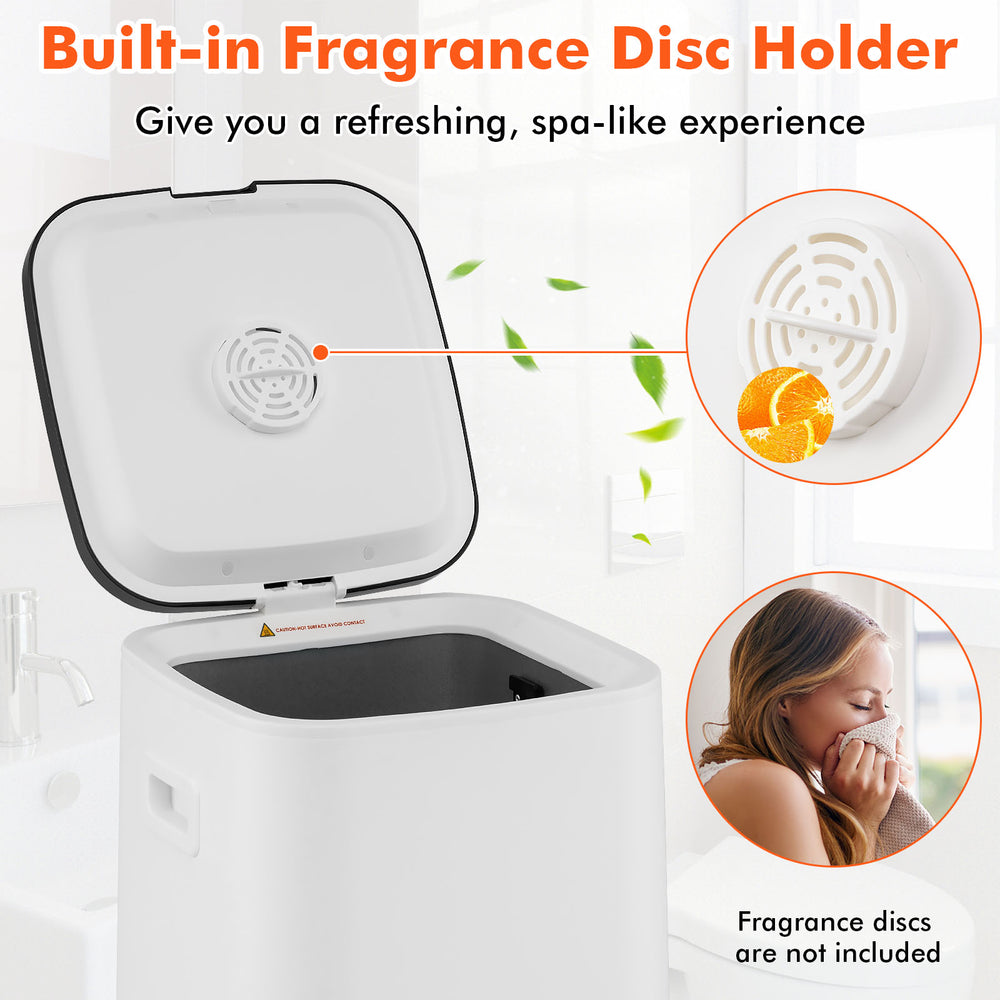 Large hot towel heater with built-in fragrance disc holder, adjustable timer, and rapid heating for spa-like warmth.