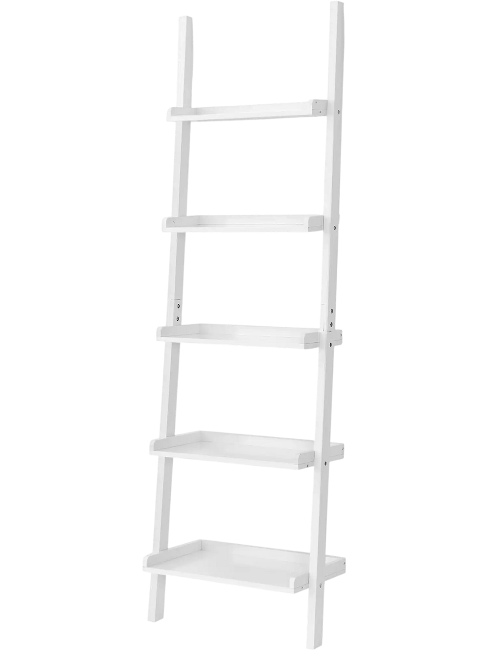 5-tier white wall-leaning ladder shelf with sturdy design, ideal for displaying plants and books in any room.