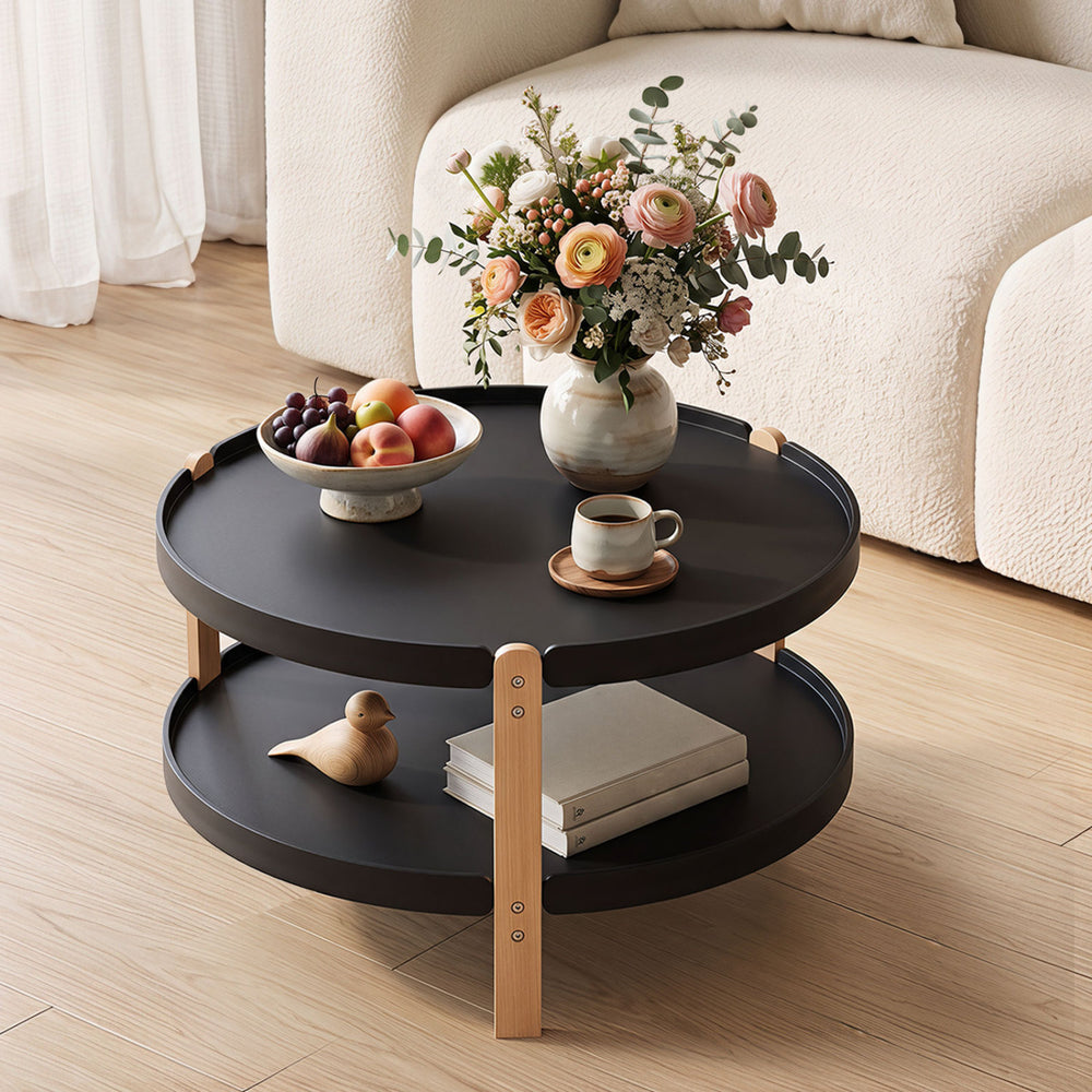 23.5" 2-Tier Round Coffee Table with Solid Wood Legs and Open Storage Shelf-Black - Gallery View 1 of 11