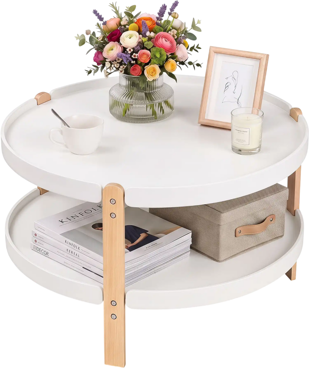 Round 2-tier coffee table with white surface and solid beech legs, featuring an open storage shelf for easy access.