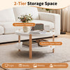 Round 23.5" coffee table with solid wood legs features a spacious tabletop and lower open shelf for convenient storage.