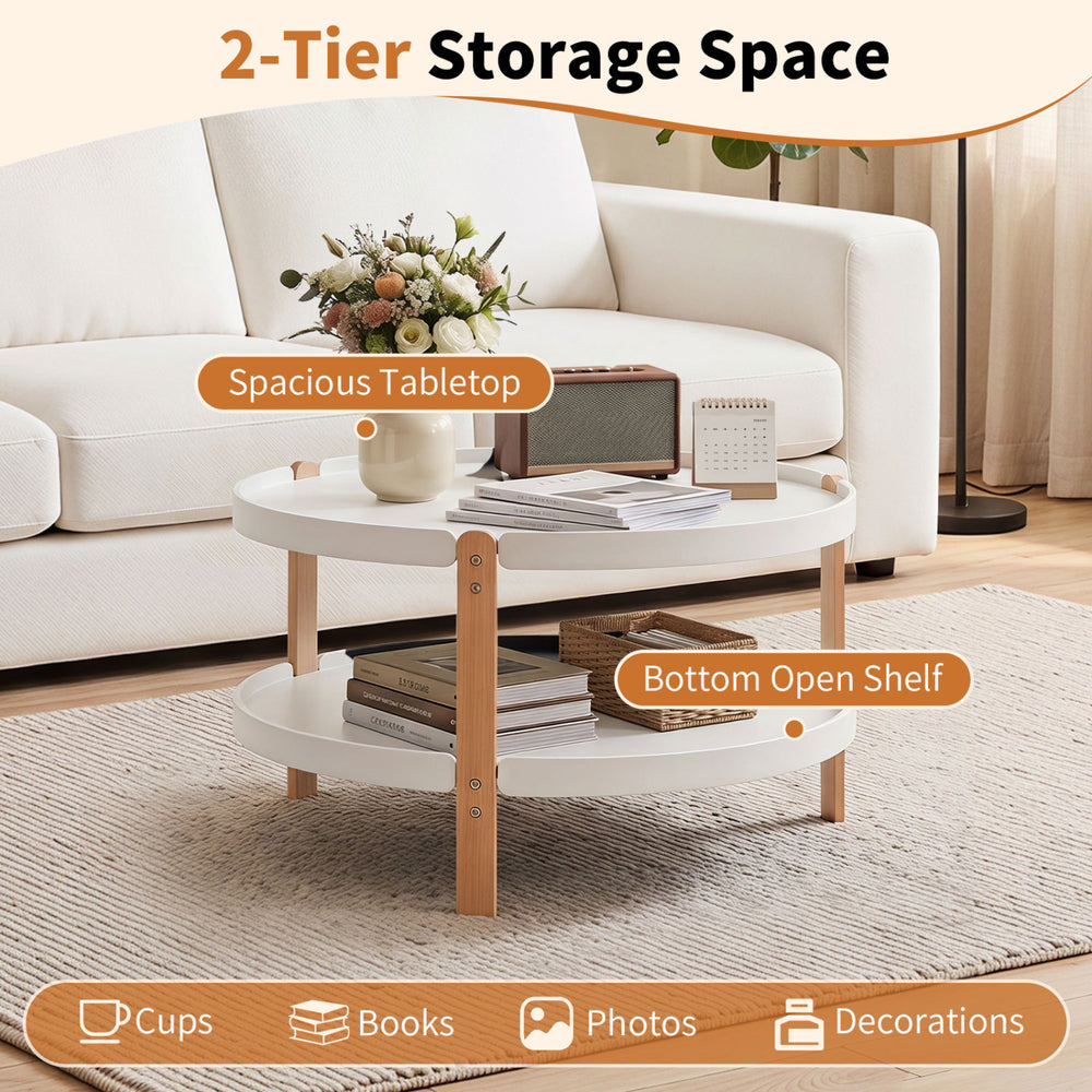Round 23.5" coffee table with solid wood legs features a spacious tabletop and lower open shelf for convenient storage.