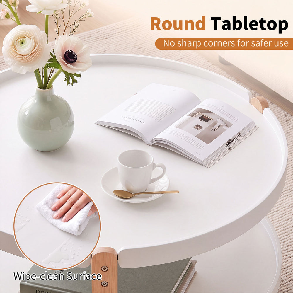 Round 23.5" coffee table with solid wood legs, wipe-clean surface, and open storage shelf for a tidy living area.