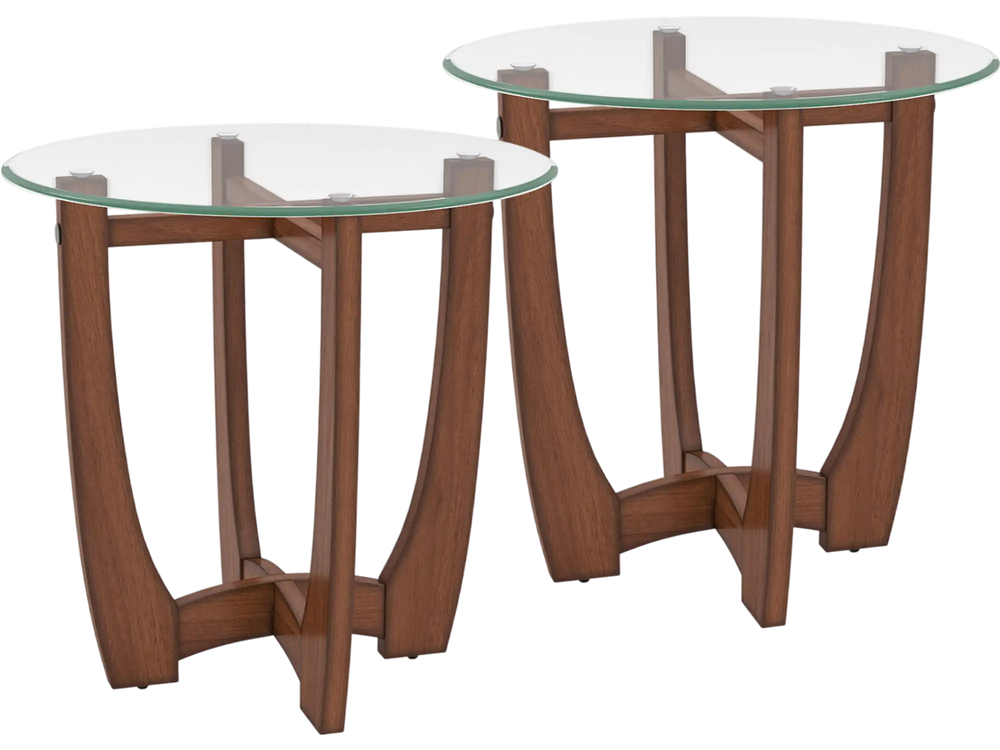 Set of 2 round end tables featuring a walnut frame and tempered glass tops, perfect for drinks and decor.