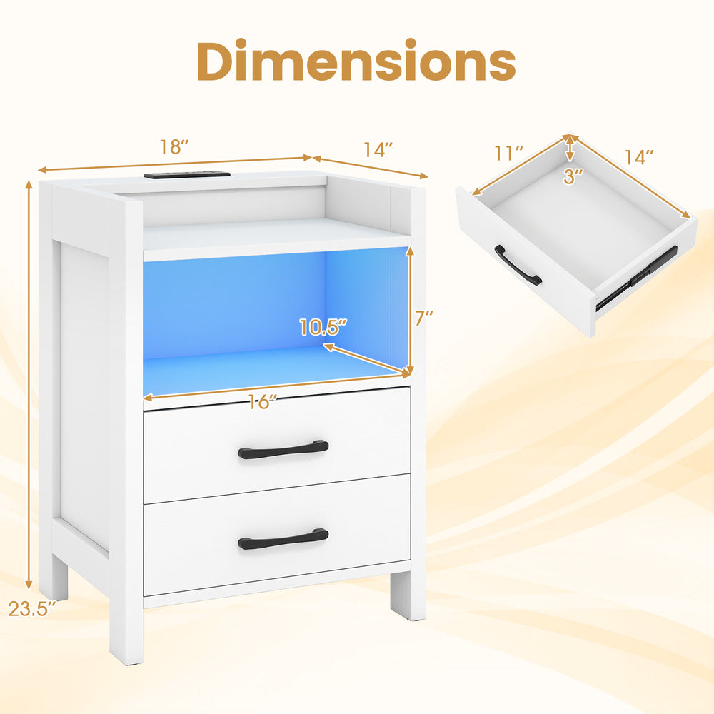 Dimensions of the 23.5-inch white nightstand with charging station, open shelf, and two drawers for organized storage.