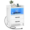 White nightstand with charging station, LED lighting, two drawers, and open shelf for organized storage and modern.