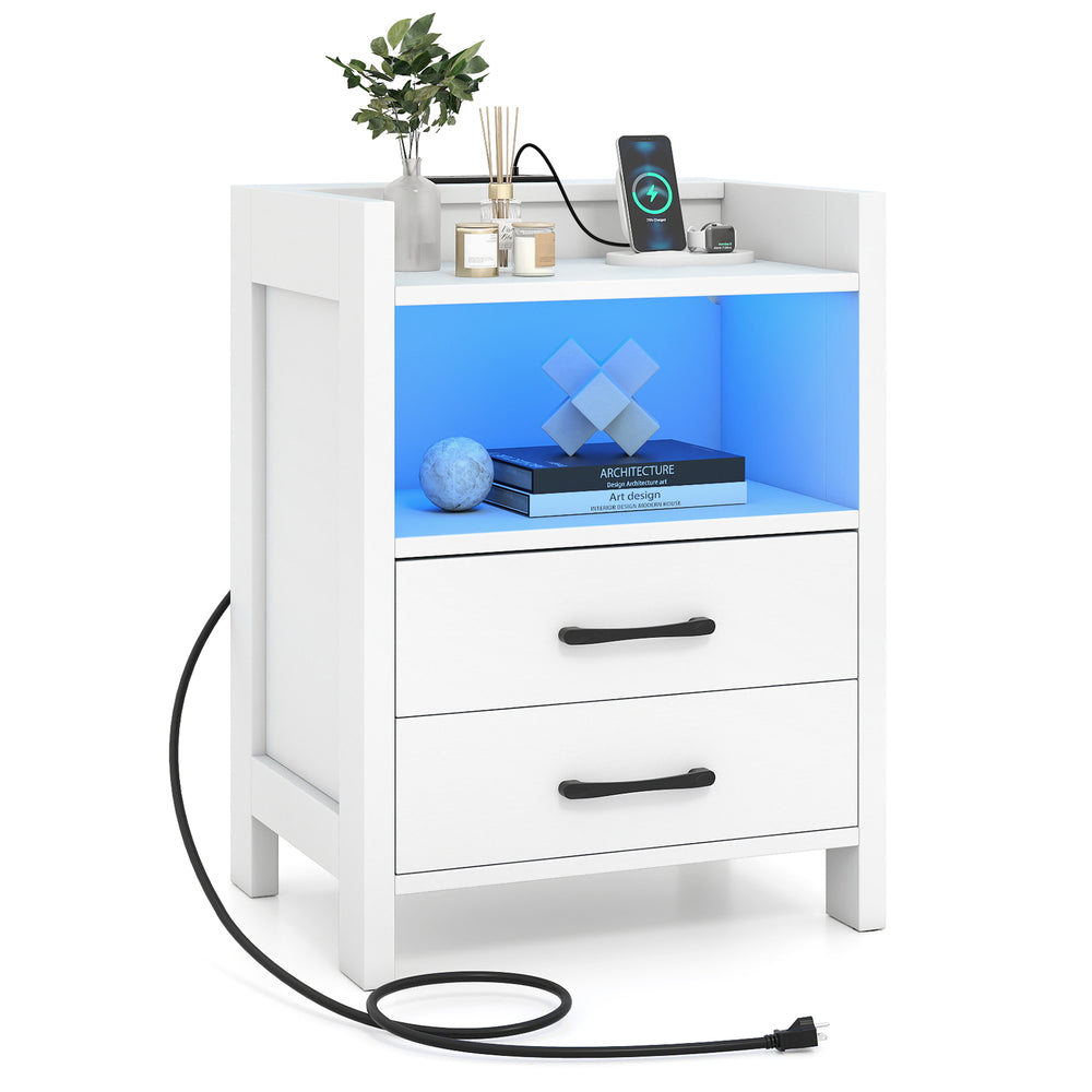 White nightstand with charging station, LED lighting, two drawers, and open shelf for organized storage and modern.