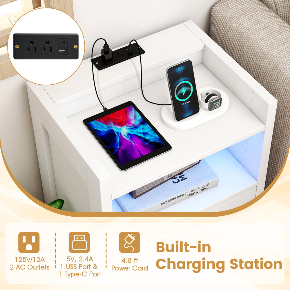 23.5-inch white nightstand with built-in charging station, open storage shelf, and LED lighting for modern decor.
