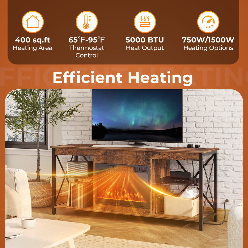 Electric fireplace heater with adjustable flame colors, 750W/1500W options, and remote control for efficient heating.