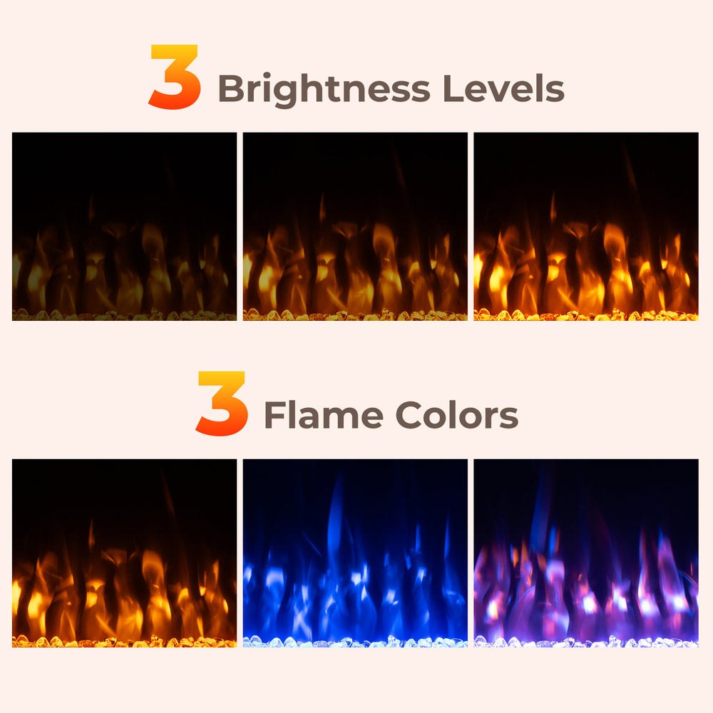 Electric fireplace heater showcasing 3 brightness levels and 3 flame colors for customizable ambiance and heating.