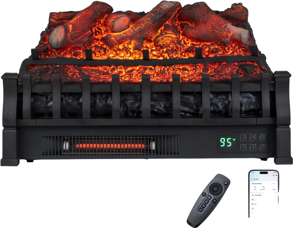 23" WiFi fireplace insert in black showcases lifelike resin logs and customizable flame effects for inviting warmth.
