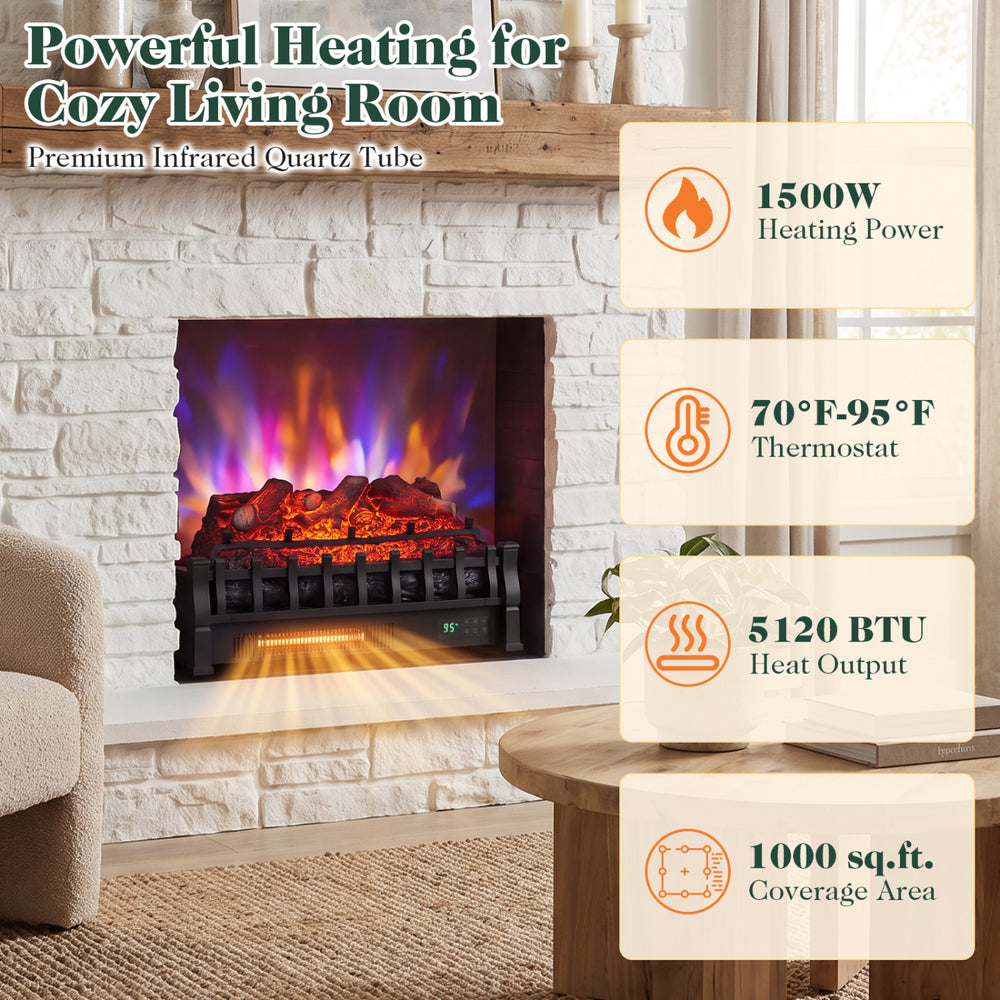 23" WiFi fireplace insert in black with customizable flame effects, 1500W heating, and remote control for cozy living rooms.
