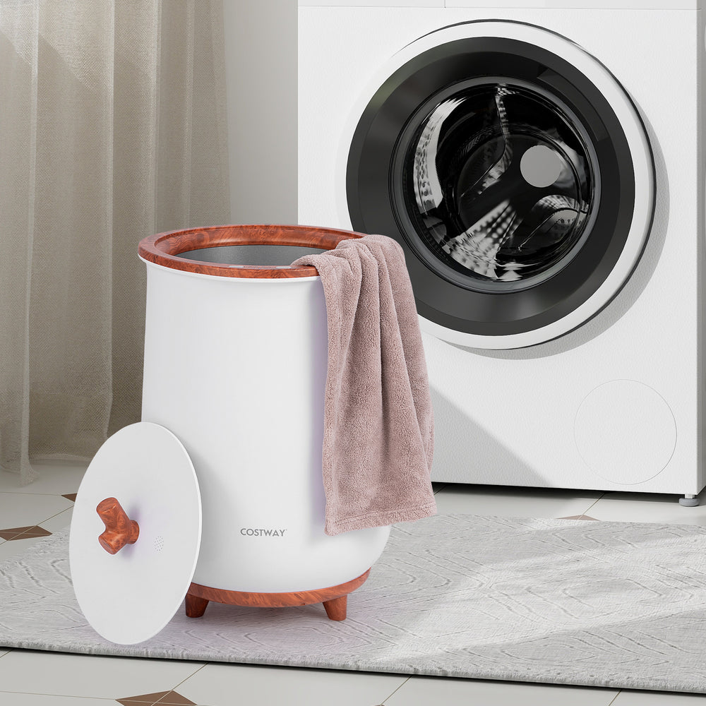 Large 23L luxury towel warmer with removable lid, fragrant disc holder, and stable legs for convenient use in laundry.