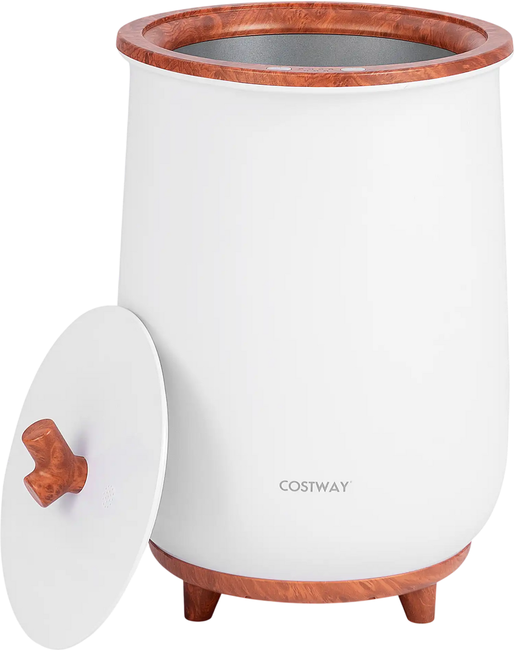 Large 23L luxury towel warmer in white with coffee wood accents, featuring a removable lid and fragrant disc holder.