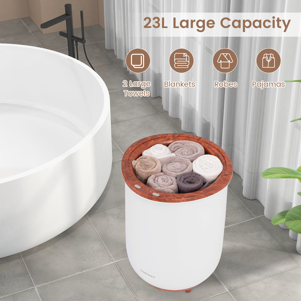 Bucket-style towel warmer with 23L capacity, holding rolled towels, featuring a coffee finish and fragrant disc holder.