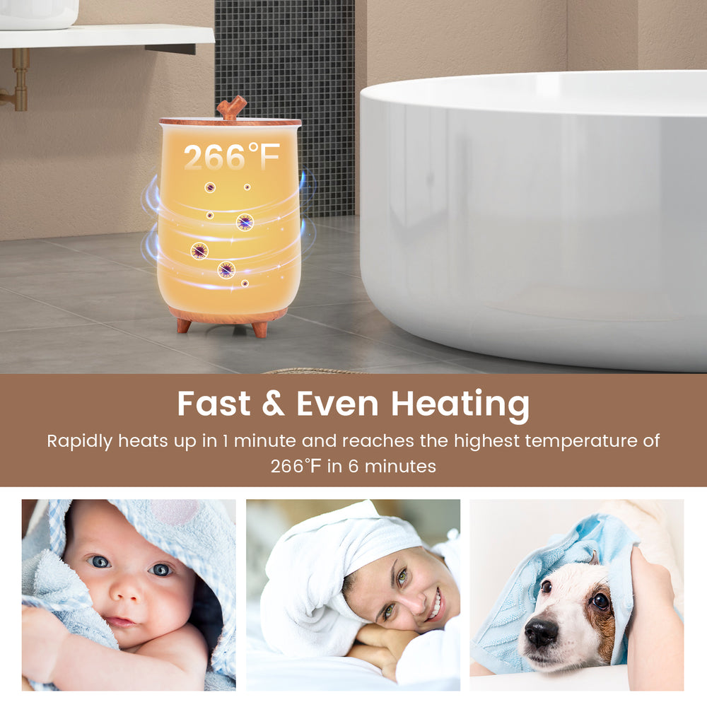 Large bucket-style towel warmer in coffee color, heats to 266°F in 6 minutes, ideal for cozy towels and clothes.