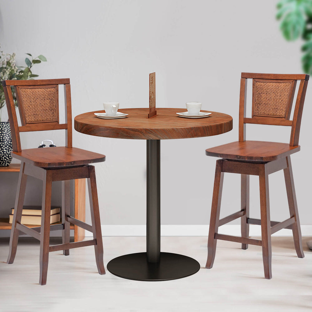 Two 24.5-inch bar stools with rattan backs and swivel seats, perfect for kitchen or dining room use.