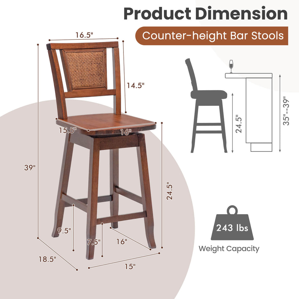 Counter-height bar stool with rattan back, swivel seat, and solid rubber wood, ideal for kitchen or dining use.