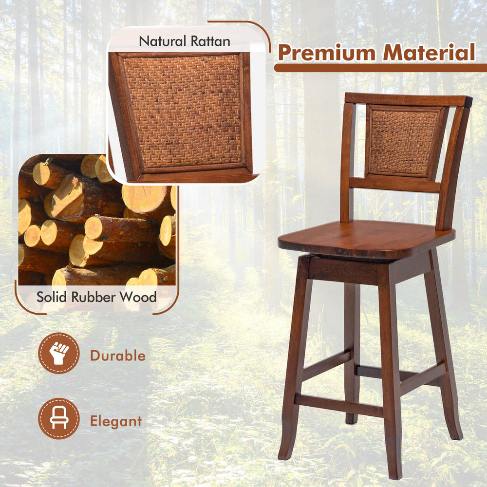 24.5-inch bar stool featuring a natural rattan back, solid rubber wood frame, and 360° swivel for kitchen or bar use.