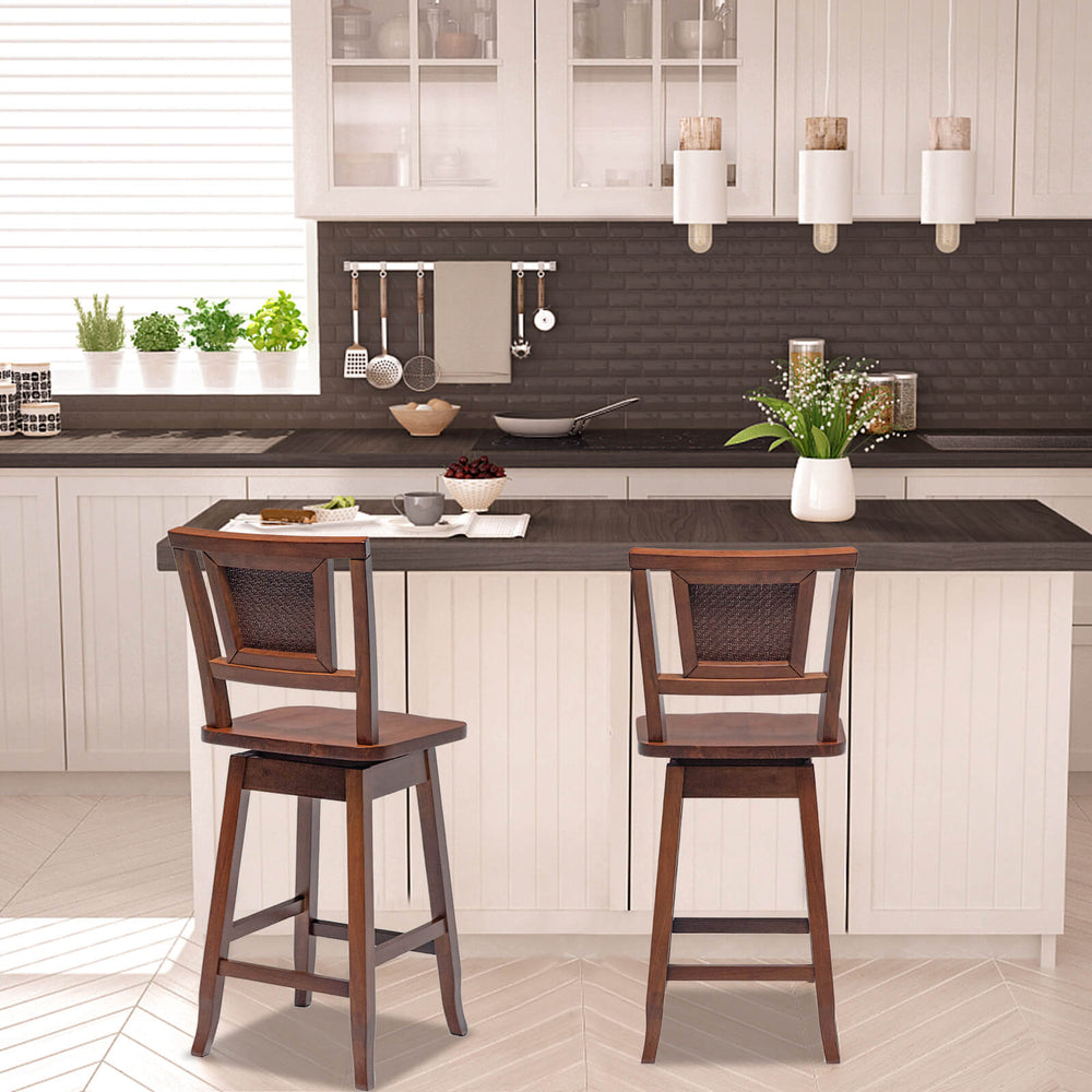 Two 24.5-inch bar stools with rattan back and swivel seat, perfect for kitchen or dining room use.