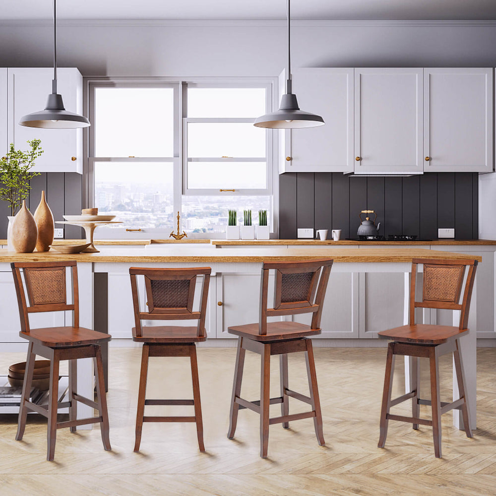 Set of two 24.5-inch bar stools with rattan back and swivel seat, perfect for kitchen or dining room use.