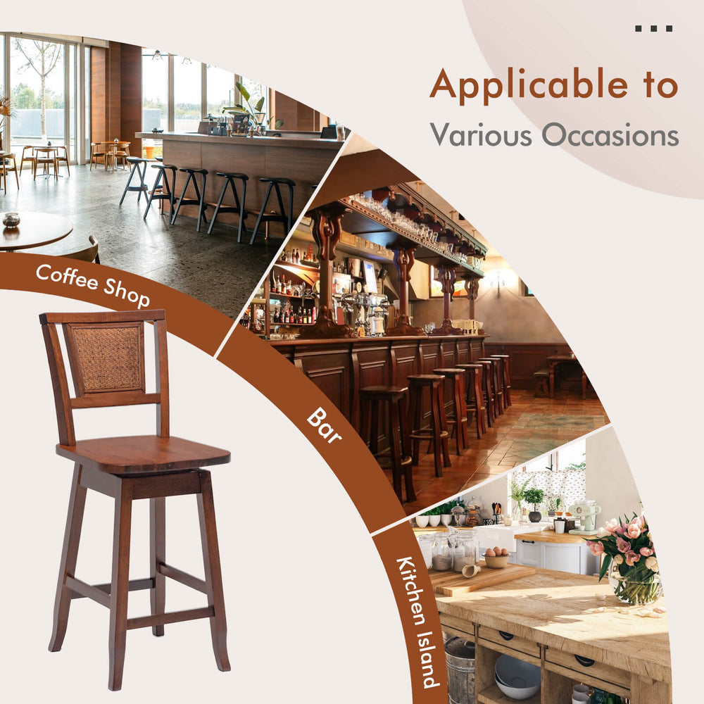 24.5-inch bar stool with rattan back and swivel seat, perfect for kitchen islands, bars, and cafes.