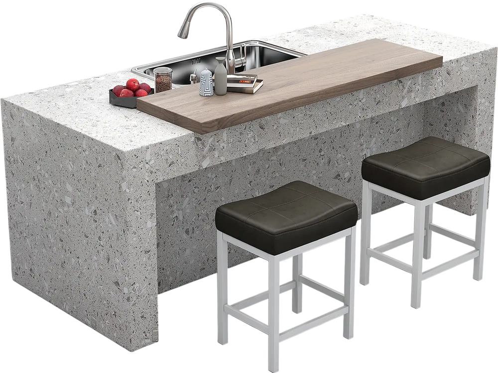 Black and white saddle stools with cushioned seats, featuring a solid rubberwood frame, ideal for counter height tables.
