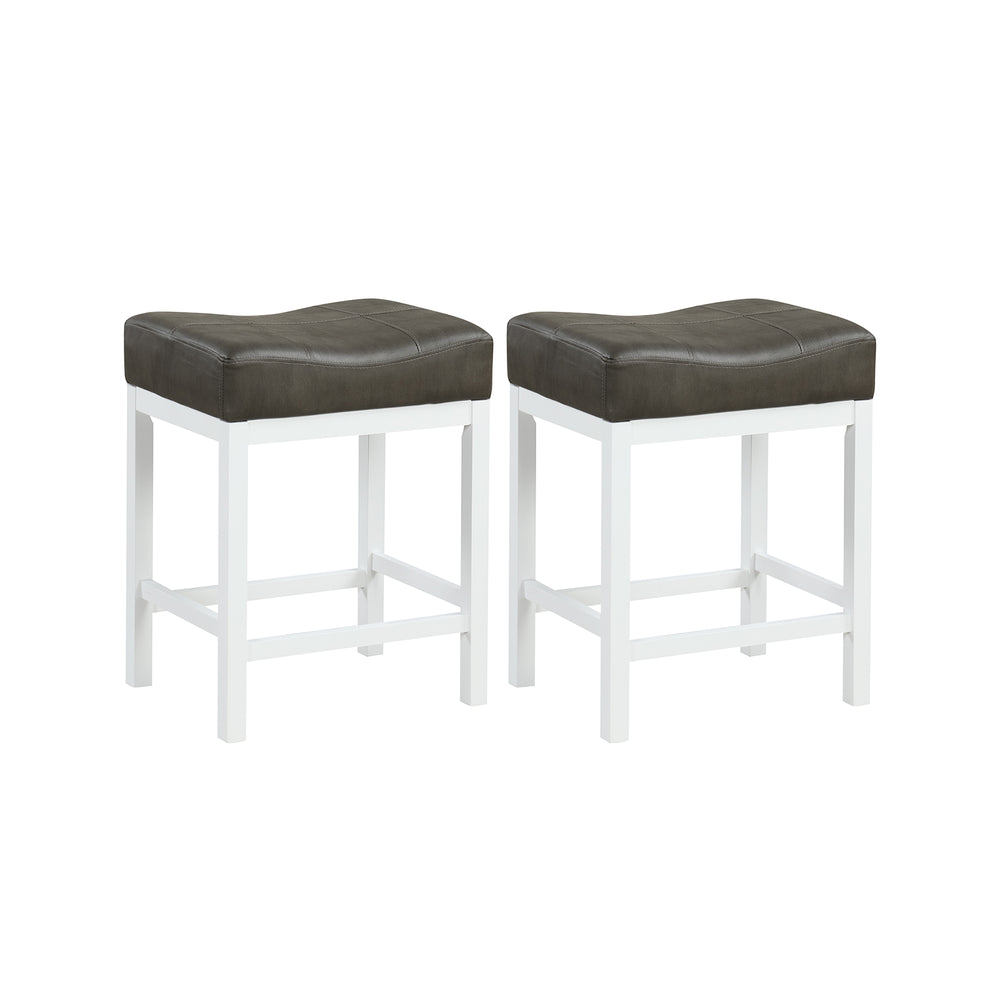 Set of 2 black and white saddle stools with cushioned seats, featuring a solid rubberwood frame for counter height use.