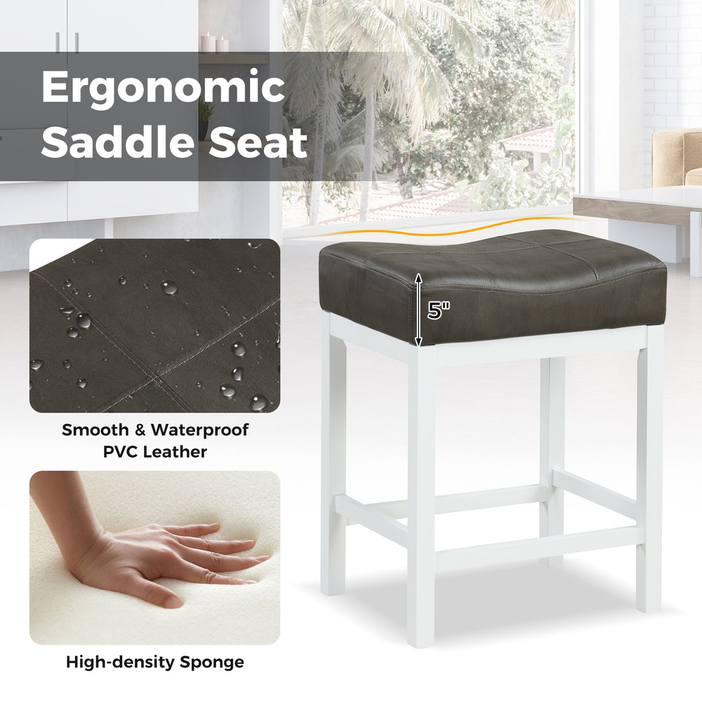 Black and white saddle stool with cushioned seat, made of PVC leather and high-density sponge, ideal for bar counters.