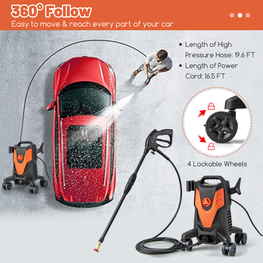 Electric pressure washer with 4 wheels, 2400 PSI, and multiple nozzles for versatile cleaning of cars and surfaces.