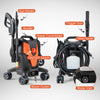 2400 PSI electric pressure washer with 4 universal wheels, featuring a trigger gun, hose holder, and storage brackets.
