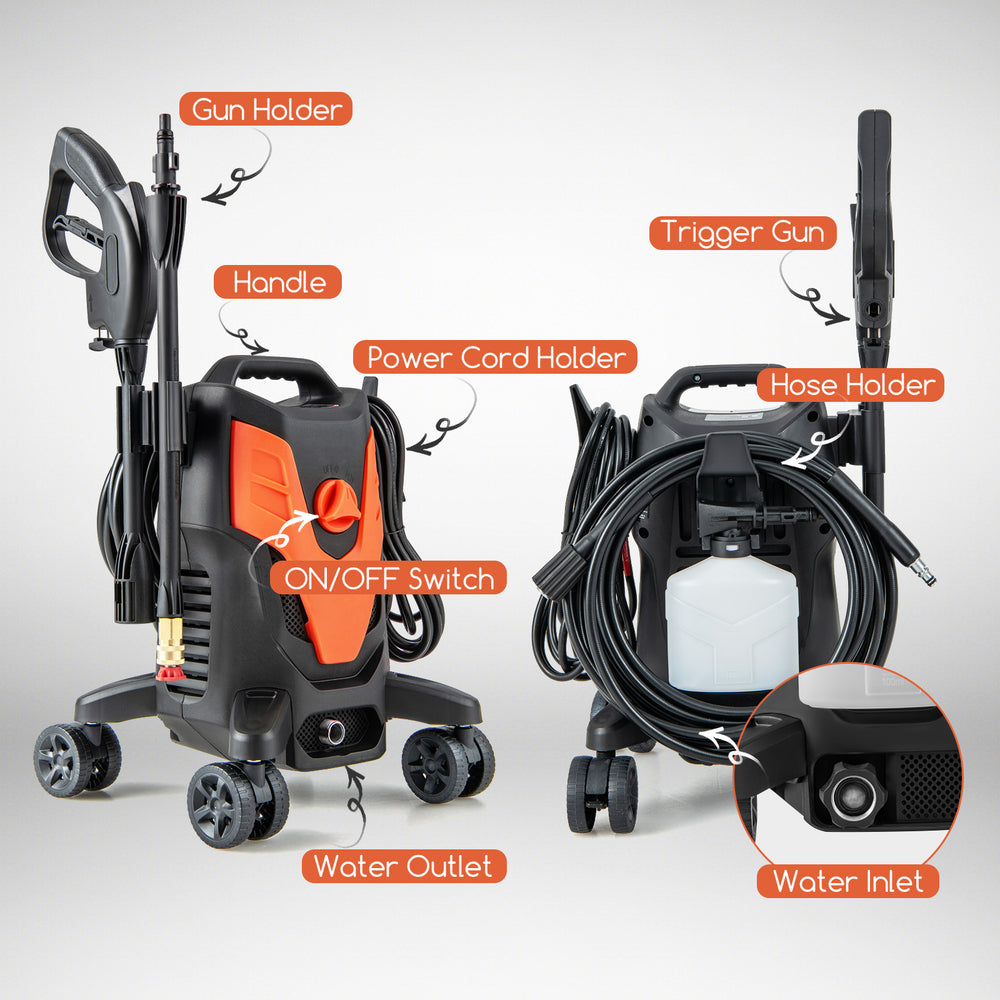 2400 PSI electric pressure washer with 4 universal wheels, featuring a trigger gun, hose holder, and storage brackets.