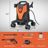 2400 PSI electric pressure washer in orange with 4 wheels, nozzles, and storage brackets for versatile cleaning tasks.