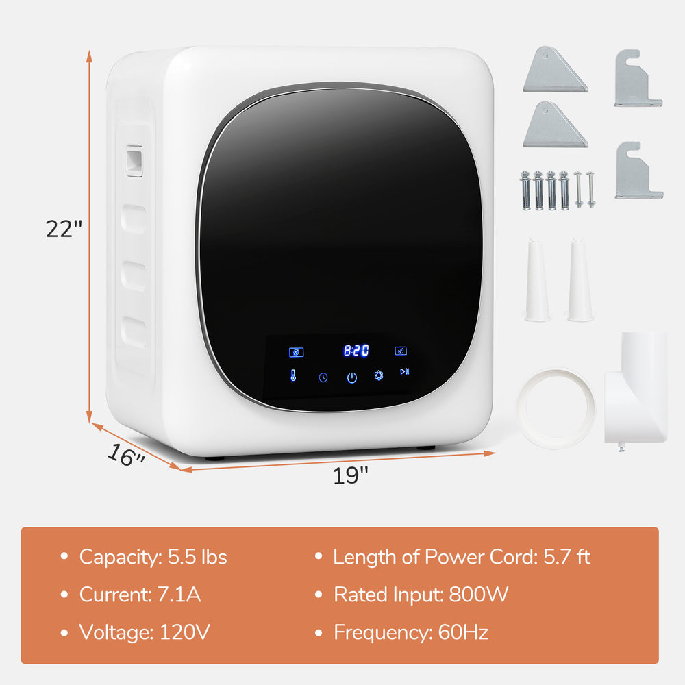 Portable clothes dryer with LED touch panel, 800W power, 1.5 cu.ft capacity, ideal for efficient laundry drying.