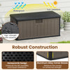 Large 100-gallon deck box in black and brown, made of weatherproof HDPE, ideal for outdoor storage and seating.