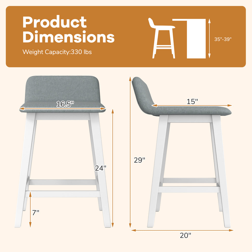 Dimensions of 24-inch counter height bar stools with low back, featuring solid rubber wood legs and faux linen fabric.