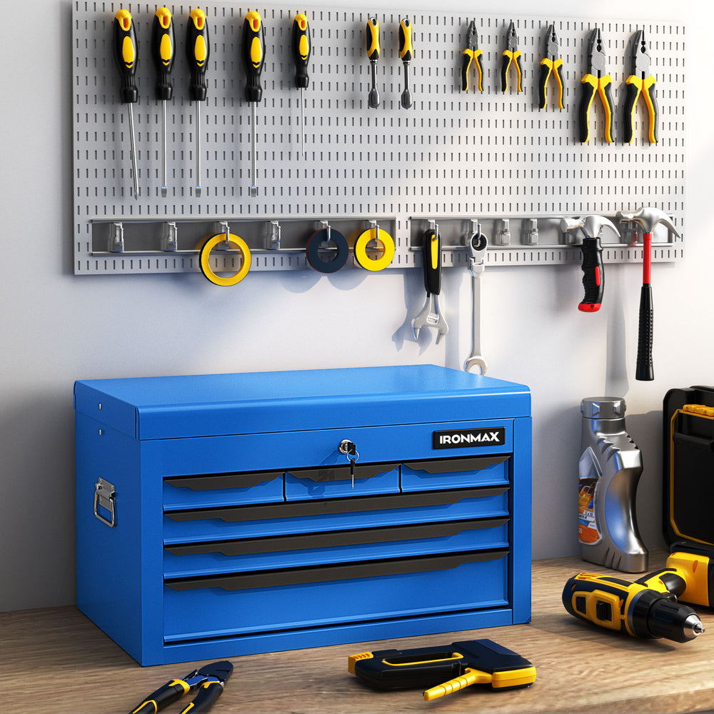 Blue 24-inch tool chest with 6 drawers, featuring anti-skip EVA pads, for garage and workshop organization.