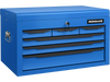 Blue 24-inch tool chest with 6 drawers, top storage, and secure lock, ideal for garage and workshop organization.