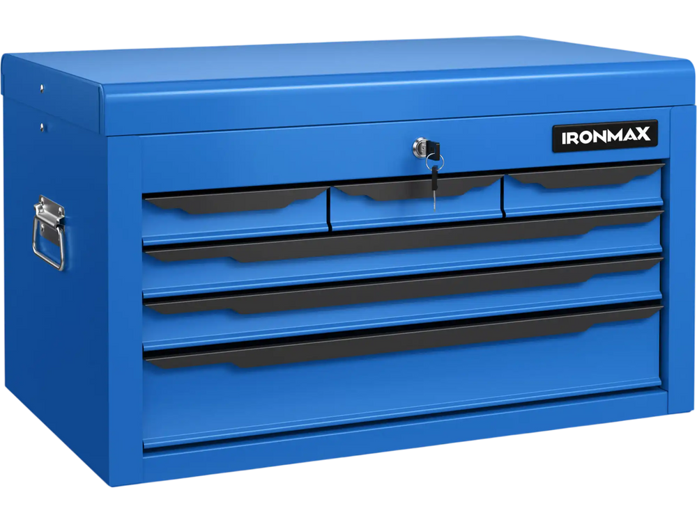Blue 24-inch tool chest with 6 drawers, top storage, and secure lock, ideal for garage and workshop organization.