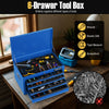 6-drawer blue tool chest with tools organized inside, featuring anti-skip pads and a central lock for secure storage.