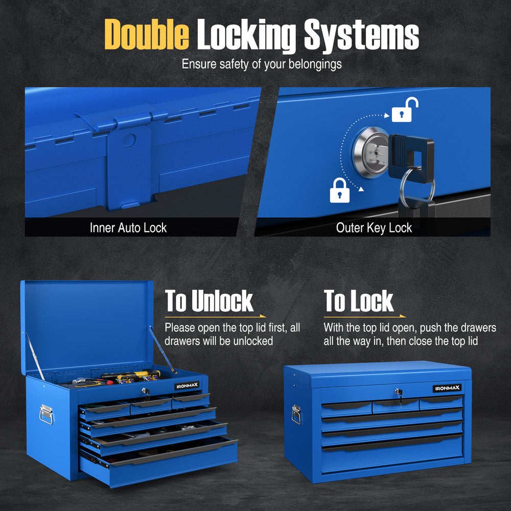 24-inch blue tool chest with 6 drawers, featuring double locking systems for secure storage in garage or workshop.
