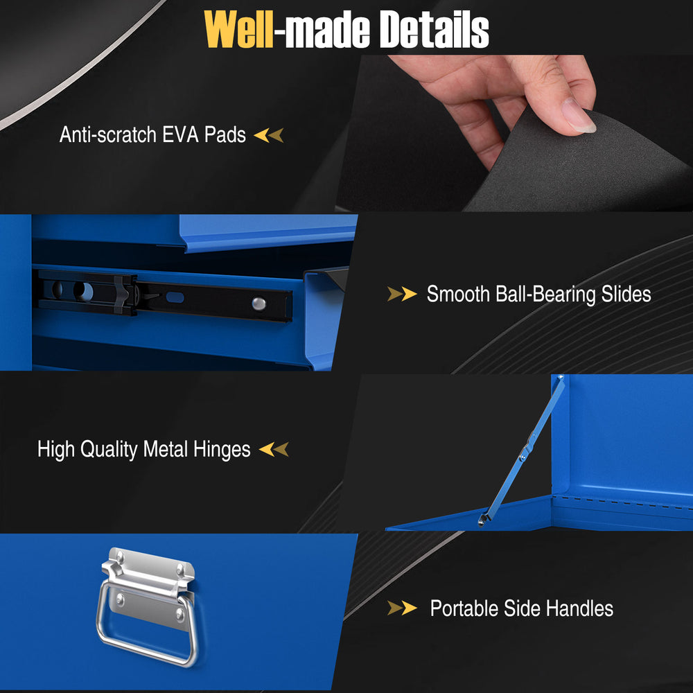 Close-up of the 24-inch blue tool chest's smooth ball-bearing slides and anti-scratch EVA pads for garage storage.