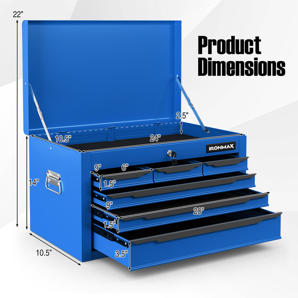 24-inch blue tool chest with 6 drawers, top storage, and dimensions for garage or workshop organization.