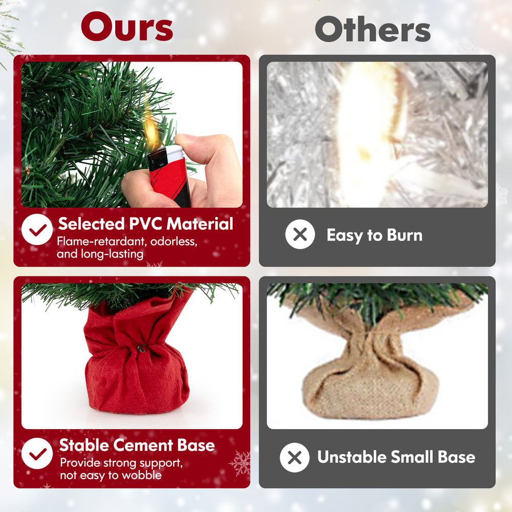 24-inch mini pre-lit Christmas tree with warm white LED lights and stable cement base wrapped in red cloth for festive.