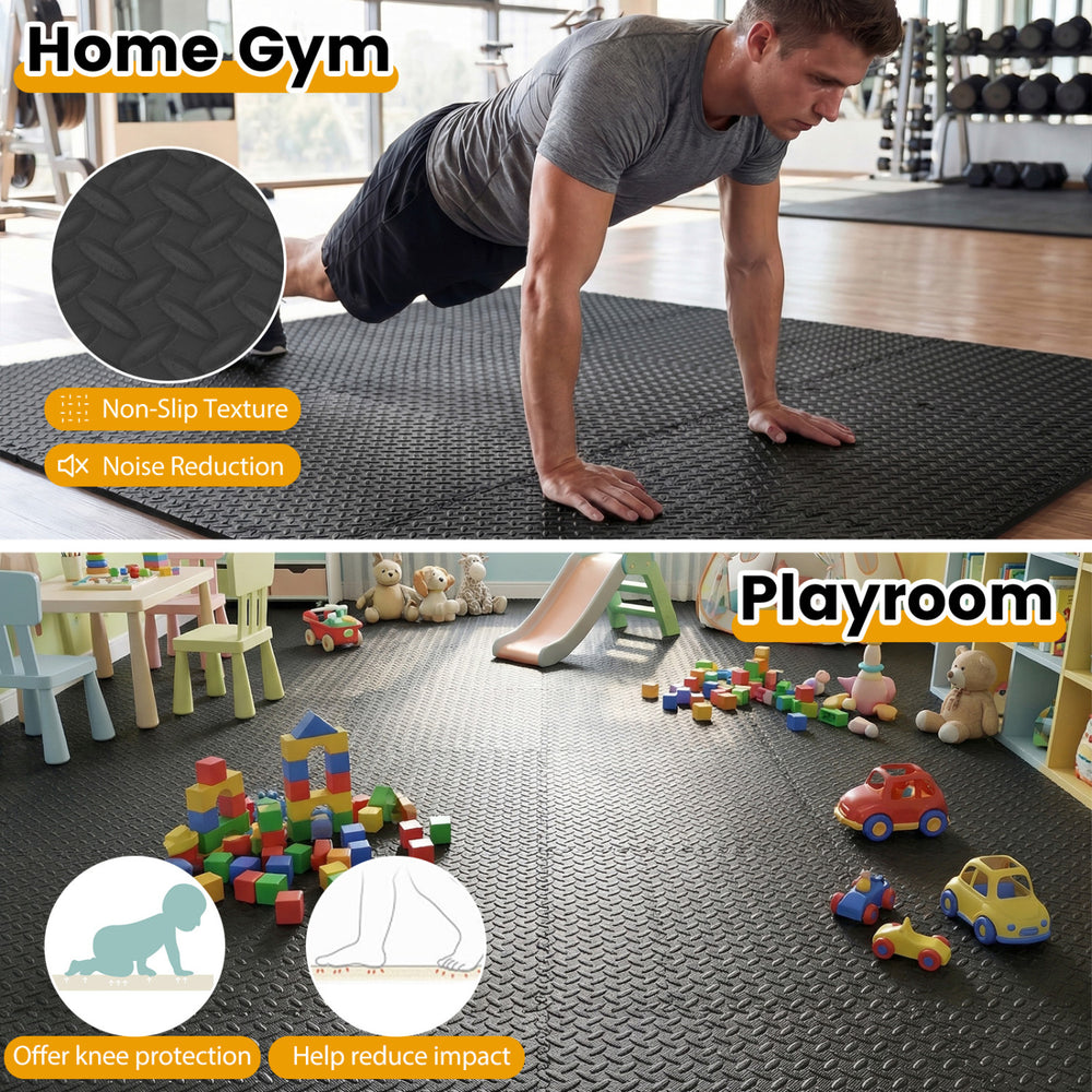 Puzzle exercise floor mats in black, featuring non-slip texture and noise reduction, ideal for home gyms and playrooms.
